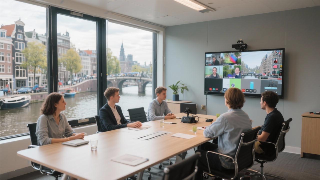 Modern meeting room with video conferencing setup overlooking Amsterdam canals, ready for consulting sessions with startup teams.