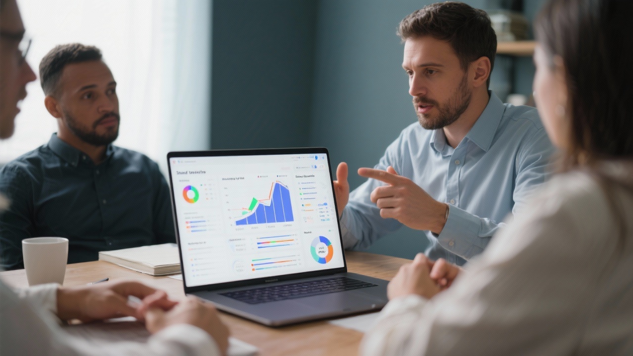 Close-up of a laptop displaying a dynamic fundraising dashboard with growth funnels, investor notes, and segmented revenue trends that reflect data-driven startup planning workflows.