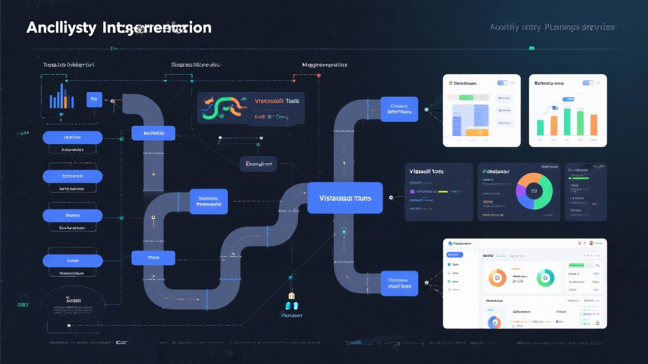 Technical diagram of analytics integrations connecting data pipelines, visualization tools, and financial modeling platforms for startup planning services.