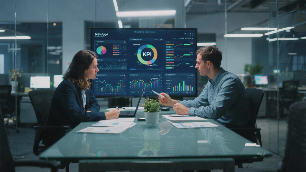 Analytical workspace with startup founders reviewing layered KPI dashboards on a glass table under soft lighting, highlighting integrated data flows and investor-ready planning materials in a modern office environment.
