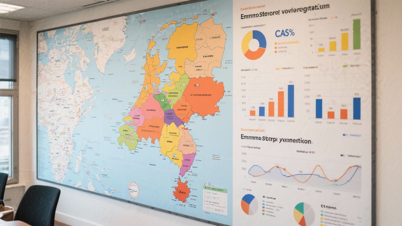 Large wall map with Dutch market segments highlighted alongside charts that track customer acquisition cost and market penetration for emerging startup ventures.