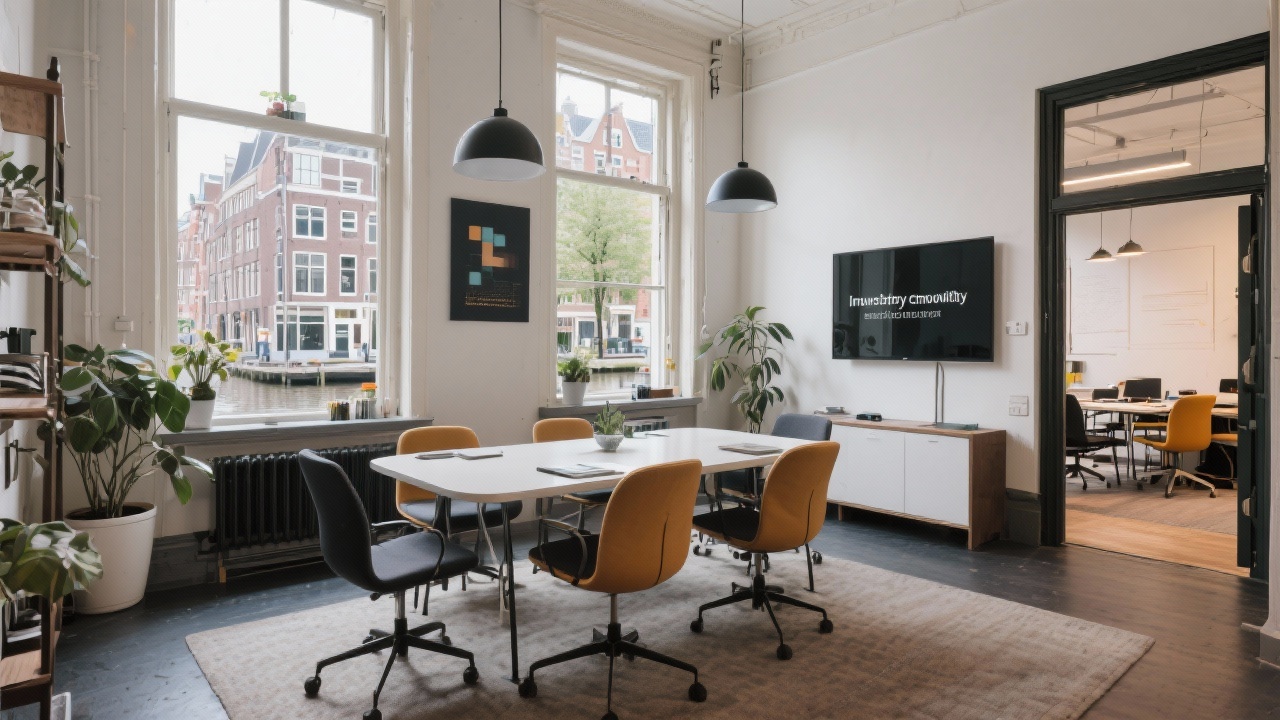 Historic Amsterdam canal house office with modern meeting space inside, reflecting the blend of heritage and innovation at a startup consultancy.