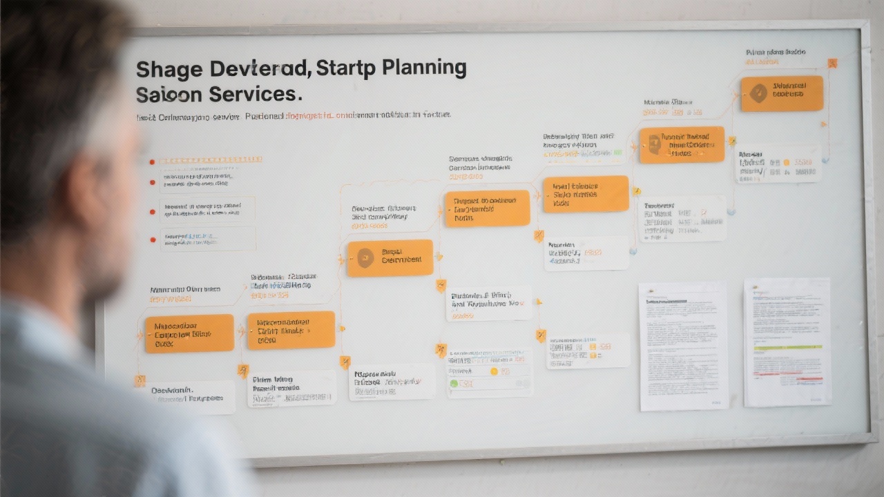 Detailed flow diagram showing financial modeling stages, revenue cohorts, and team collaboration steps arranged on a glass wall inside a modern startup workspace.