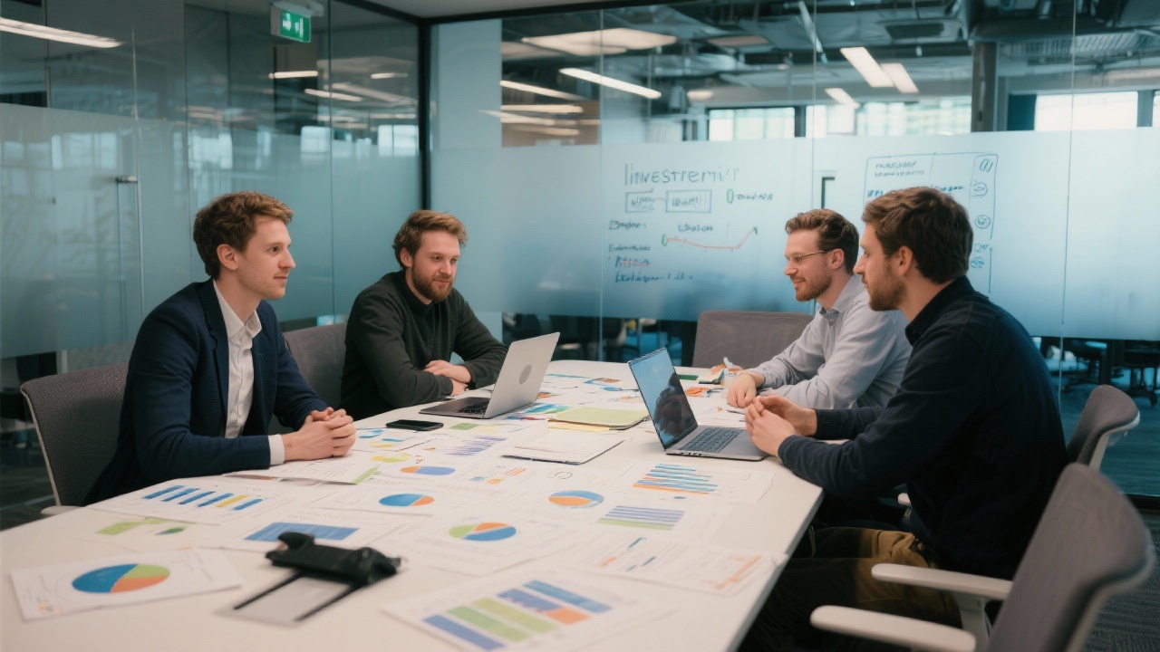 Start-up founders collaborating around a conference table covered with analytics reports, laptops, and investor pitch outlines in a glass-walled Amsterdam office.