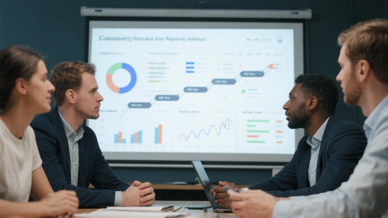 Facilitator leading a growth workshop with startup founders who examine analytics dashboards, sticky notes, and planning canvases inside a bright conference room.